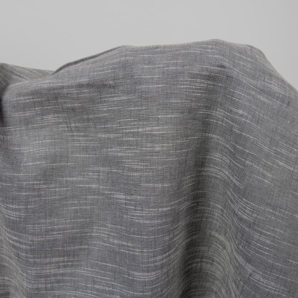 Dark grey linen cotton fabric in white stripes close up detail