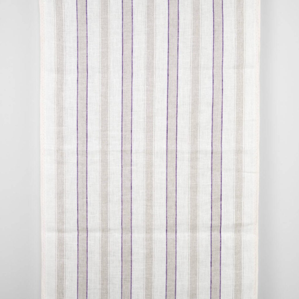 Narrow off-white linen fabric, purple and natural stripes