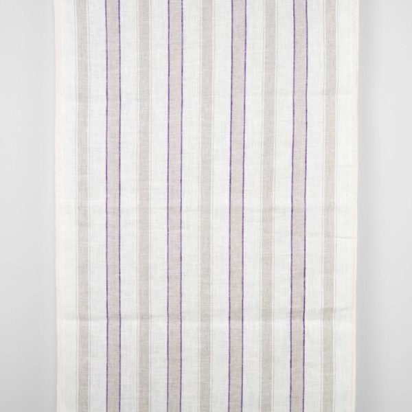 Narrow off-white linen fabric, purple and natural stripes