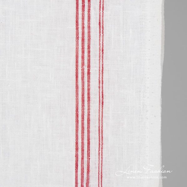 White linen fabric in crimson stripes