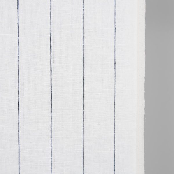 Narrow linen fabric white with thin blue stripes close up detail