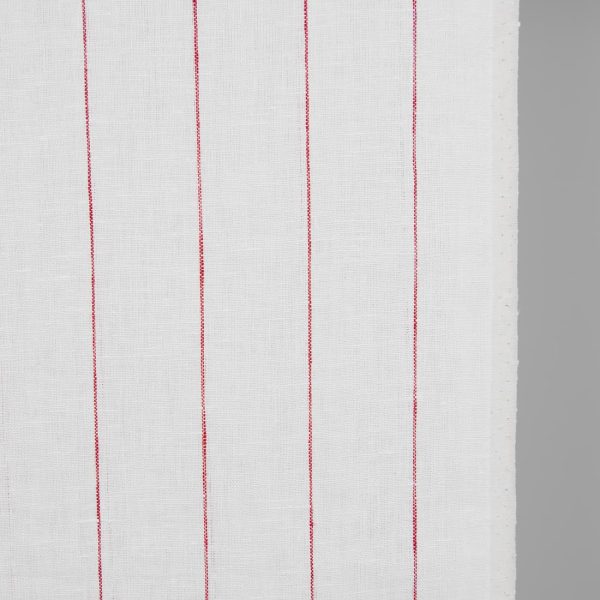 Narrow linen fabric white with thin red stripes close up detail
