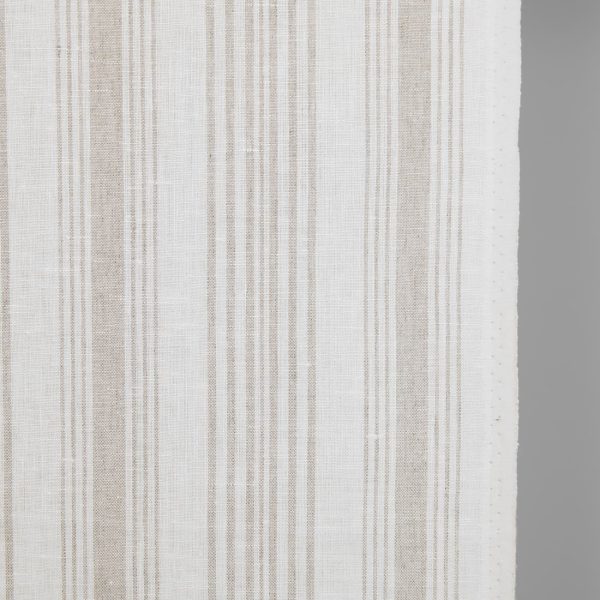 Narrow linen fabric white with natural colour stripes close up detail