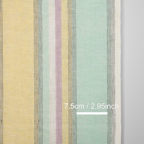 Narrow linen fabric in pastel multicolour stripes, with measurements
