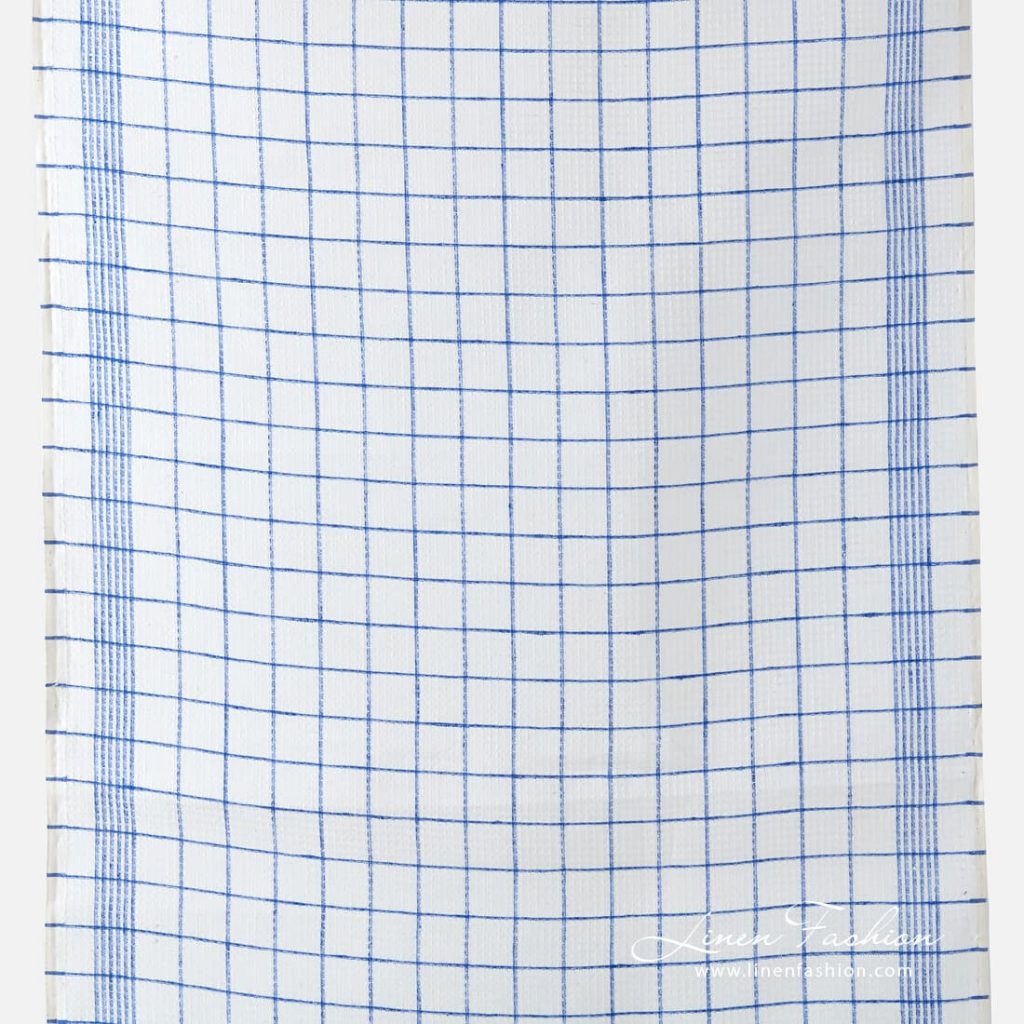 Narrow off white linen fabric in blue checks.