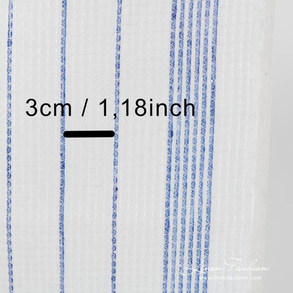 Off white linen fabric with blue stripes.
