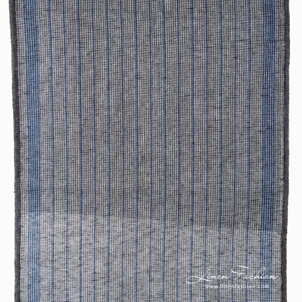 Narrow black linen fabric with blue stripes.