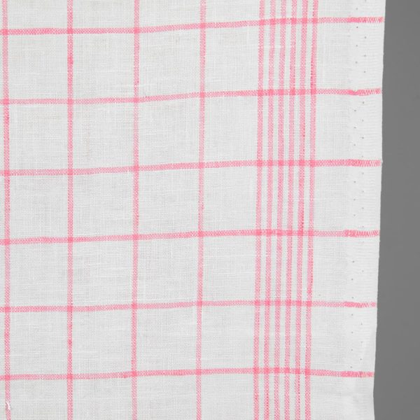 Narrow linen fabric bright white with pink checks close up detail