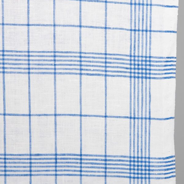 Narrow linen fabric bright white with blue checks close up detail