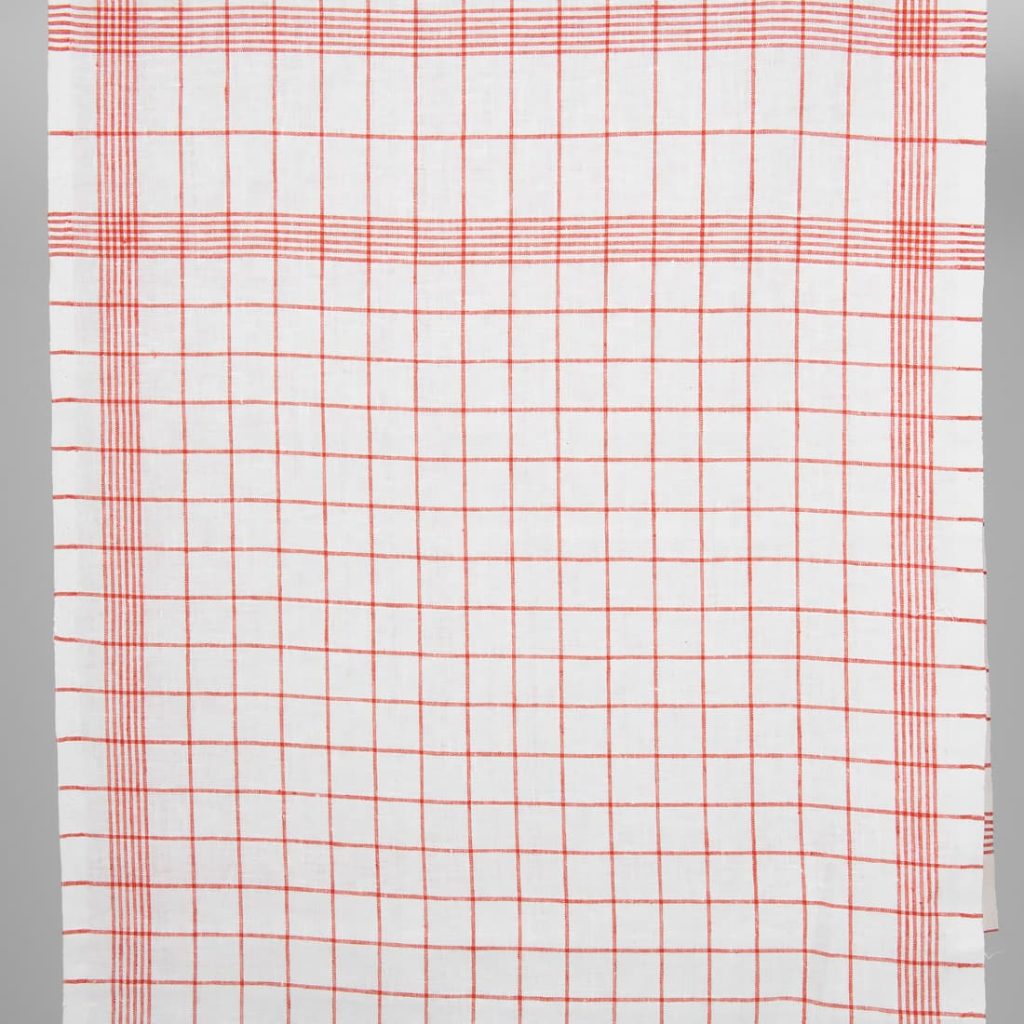 Narrow linen fabric bright white with red checks