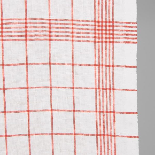 Narrow linen fabric bright white with red checks close up detail