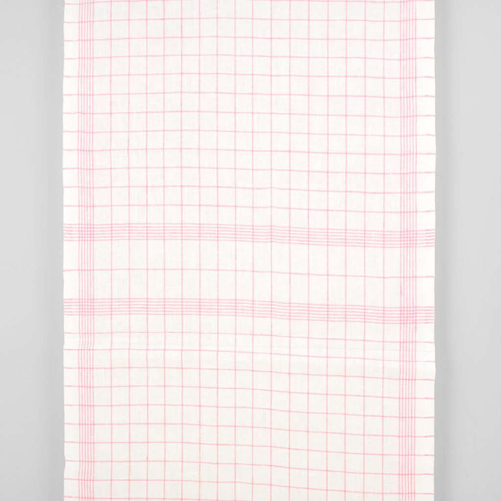 Narrow linen fabric off-white with bright pink checks