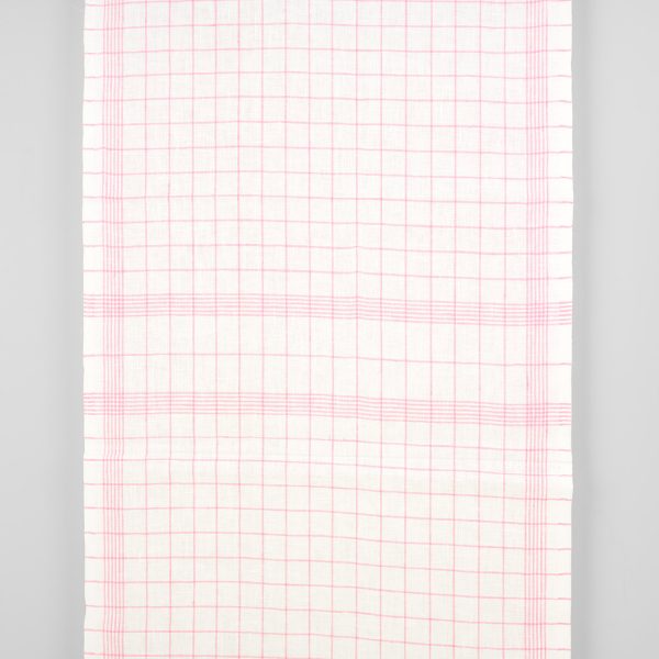 Narrow linen fabric off-white with bright pink checks