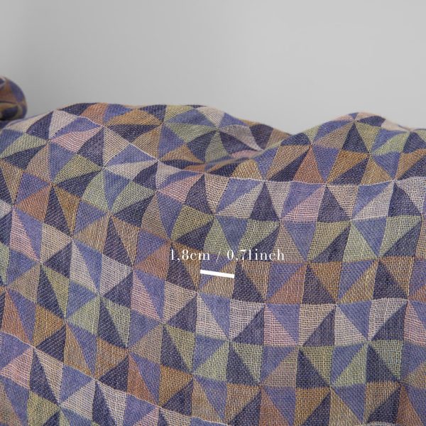 Washed linen fabric in violet multicolour triangles with measurements