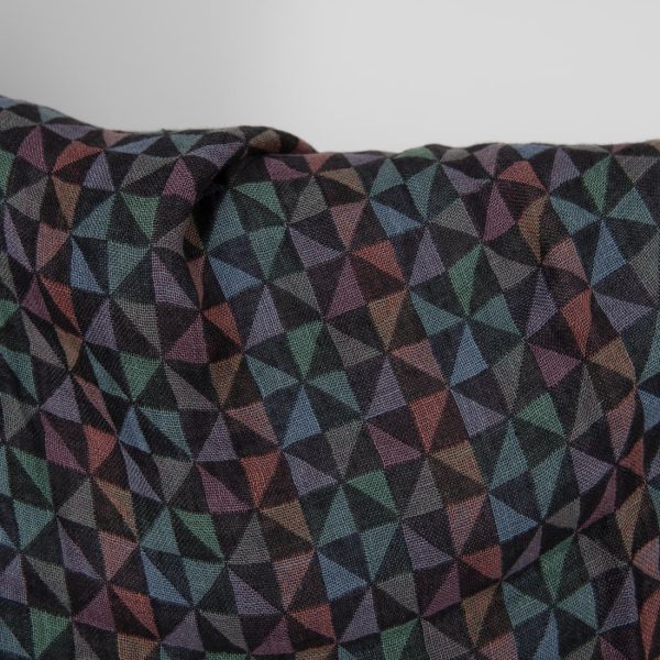 Washed linen fabric black with multicolour triangles close up detail