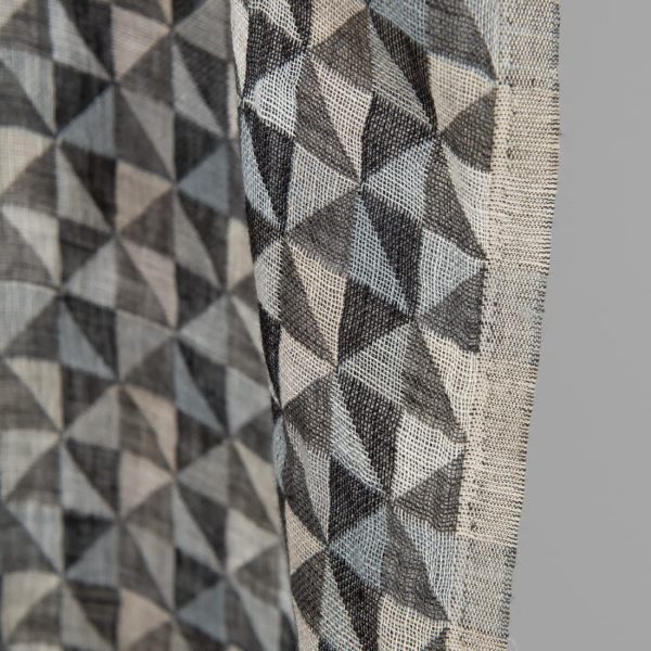 Washed linen fabric black grey jacquard triangle pattern, fabric edge