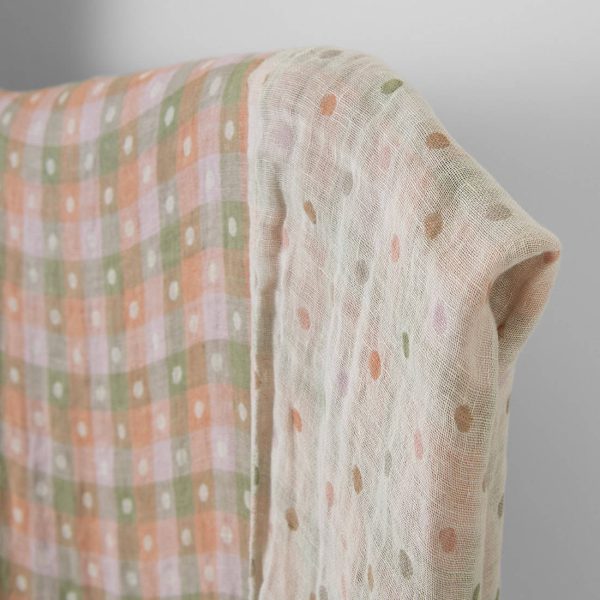 Washed linen fabric light orange and green checks, double-layer