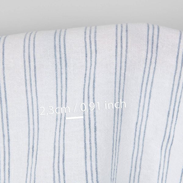 Wide washed linen cotton fabric white with blue stripes, with measurements