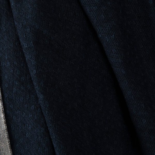 Washed linen wool fabric black with dark blue dots, jacquard