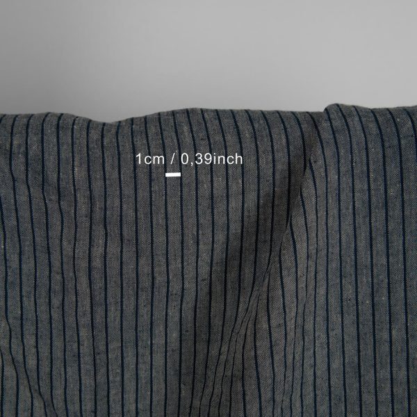 Washed linen fabric grey with thin black stripes with measurement