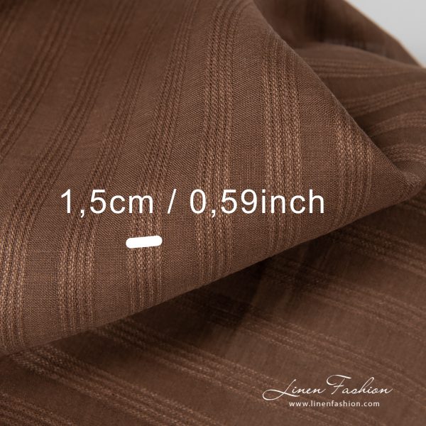 Caramel brown linen fabric with horizontal stripes