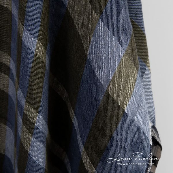Linen fabric in blue and green checks, for clothes, scarves, home textile