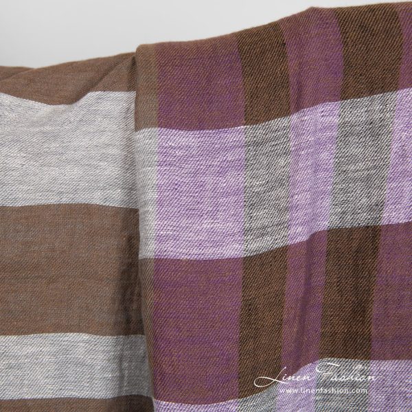 Linen fabric in violet and brown stripes, specially washed to increase softness