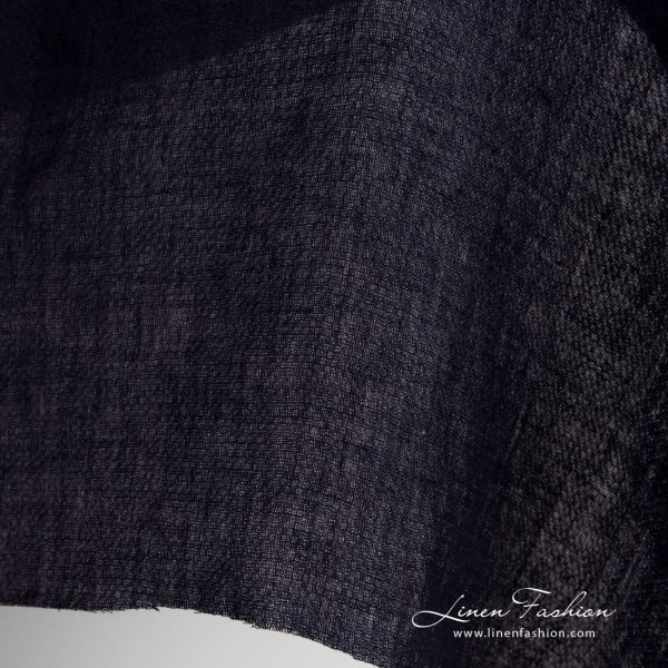 Dark blue linen fabric in dobby pattern, specially washed