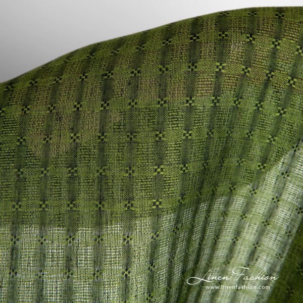 Green linen fabric in openweave checks