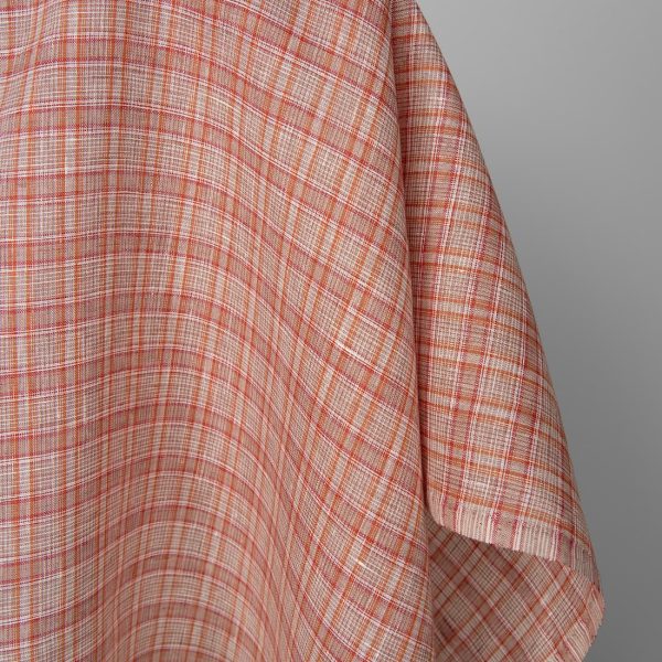 Linen fabric in orange red multicolour checks, 100% linen