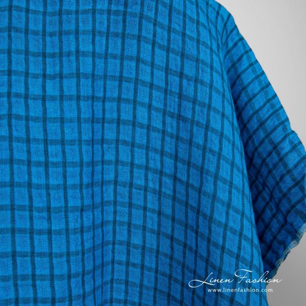 Linen fabric in bright blue checks, specially washed