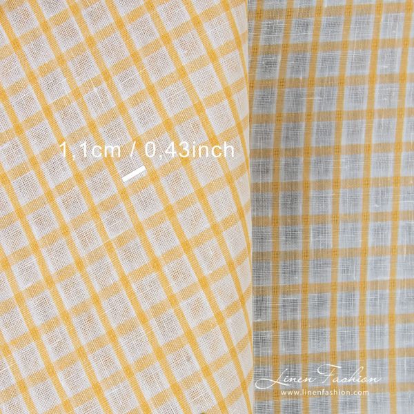 Linen fabric in yellow-white checks, 150cm width