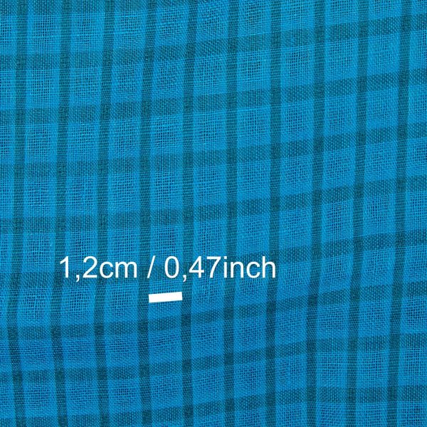 Linen fabric electric blue and turquoise transparent checks, with measurements