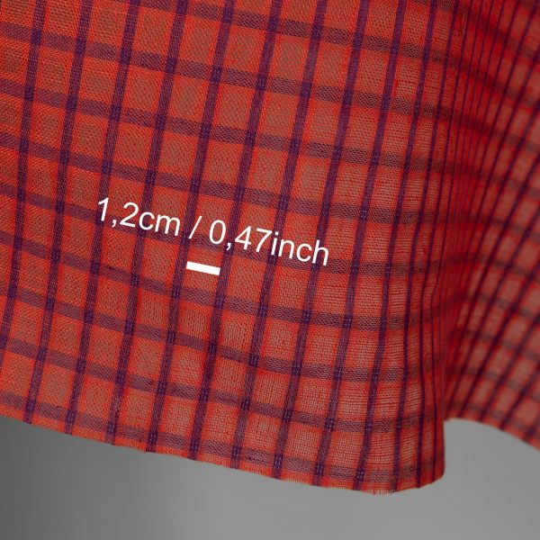 Linen fabric red and violet transparent checks, with measurements