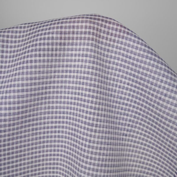Linen fabric white and violet transparent checks, 100% linen