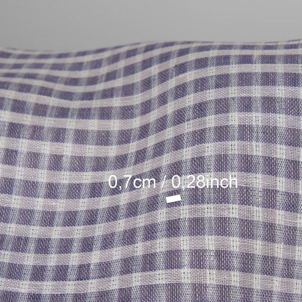 Linen fabric white and violet transparent checks, with measurements