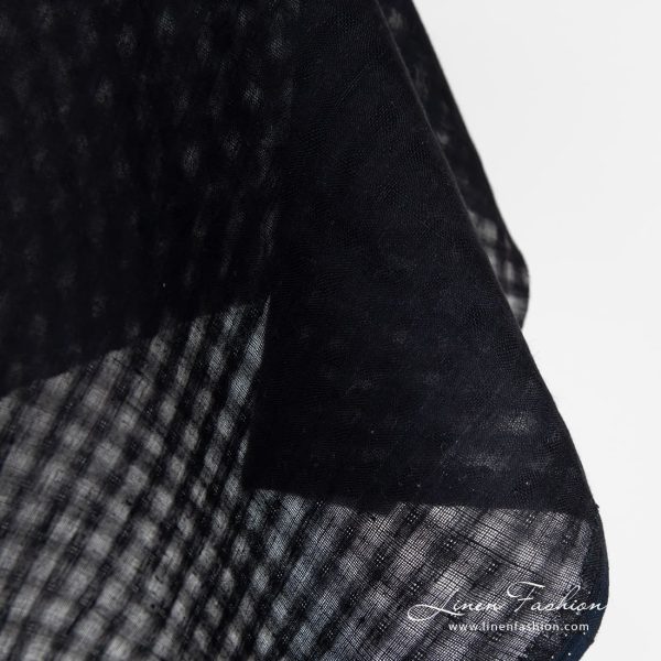 Solid black linen fabric in transparent checks, pure linen