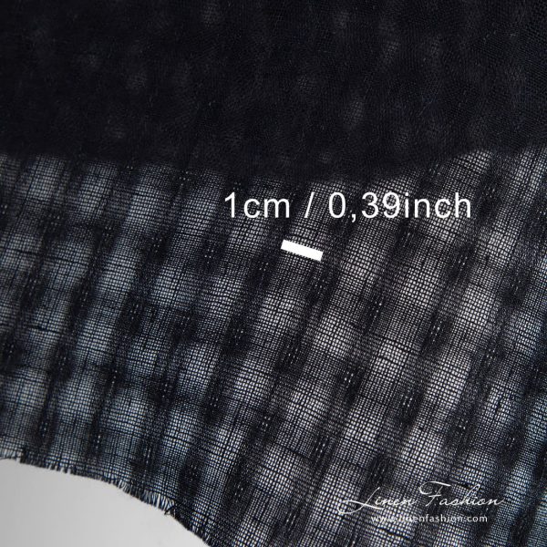 Solid black linen fabric in transparent checks, with measurements