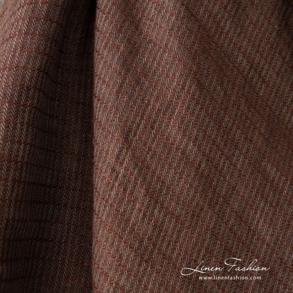 Striped linen fabric in brown color, washed fabric, high quality