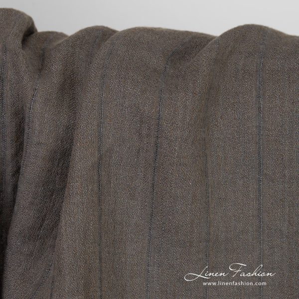 Striped greyish brown linen fabric, washed