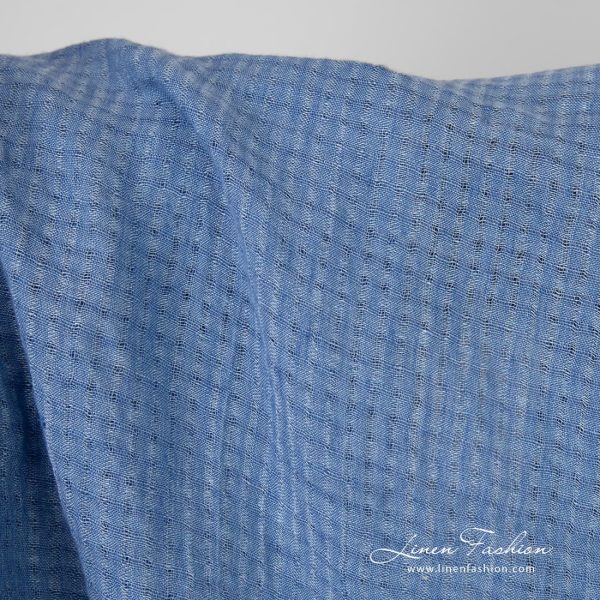 Blue openweave linen fabric in tiny transparent checks, washed fabric