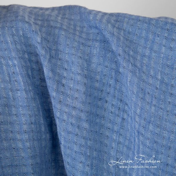 Blue openweave linen fabric in tiny checks