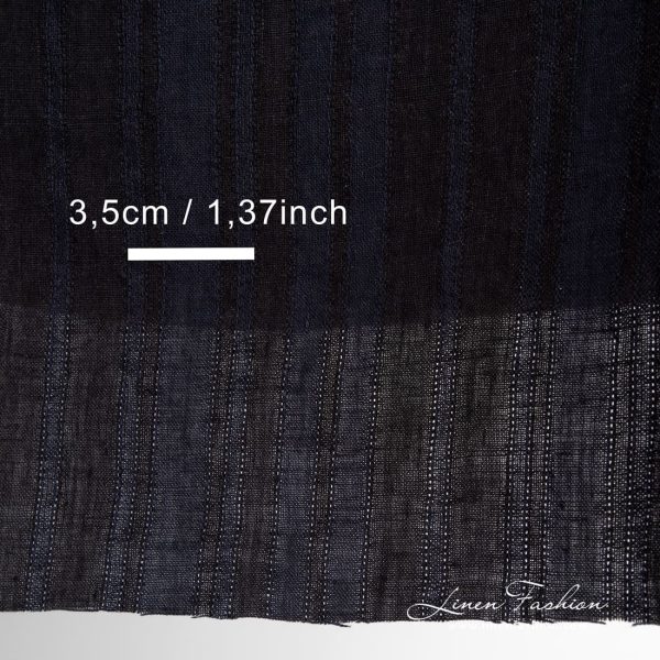 Linen fabric in black and dark blue stripes, washed