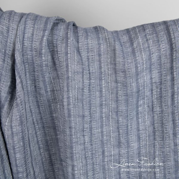 Blue grey linen fabric in vertical stripes, specially washed