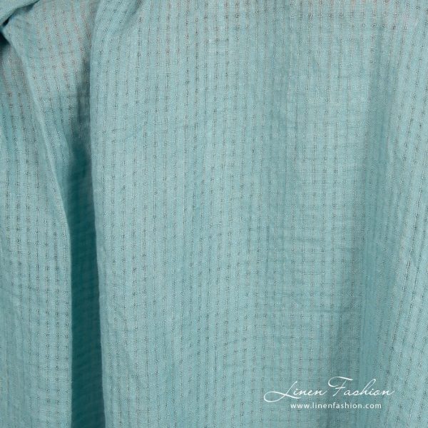 Blue green linen fabric in transparent checks, specially washed