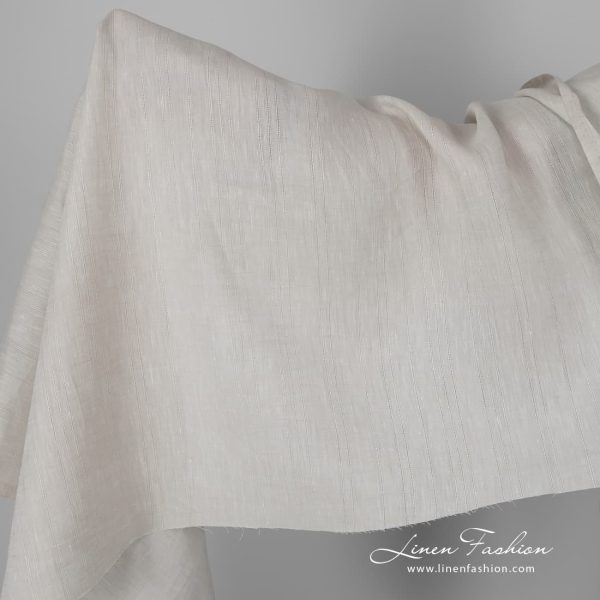White sand color linen fabric azure stripes.