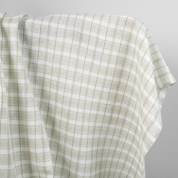 Linen fabric off-white with light olive green checks