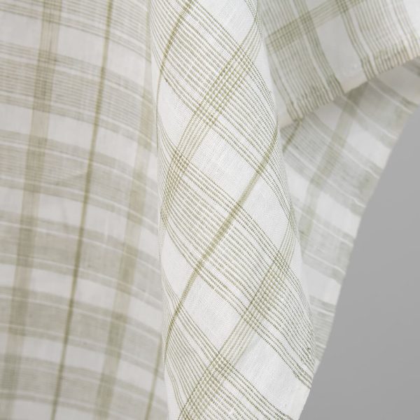 Linen fabric off-white with light olive green checks edge