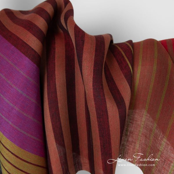 Linen fabric in red vertical stripes for clothes, scarves and home textile