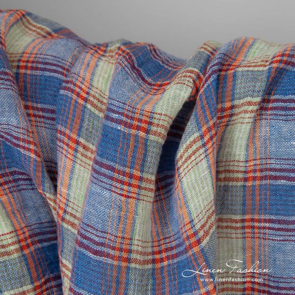 Lightweight washed linen fabric multicolour checks gauze